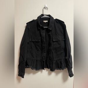 Gilli - Women’s Ruffle Peplum Raw Hem Black Button Up Denim Jacket - Size‎ S